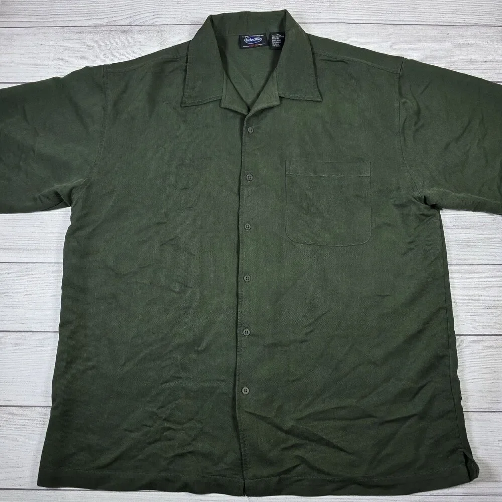 Anchor Blue Vintage Men Button Down Shirt XL Green Y2K Short Sleeve Collar 90s